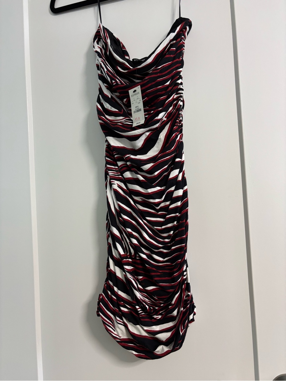 Express Striped Cowl Neck Mini Dress in Black, White & Red